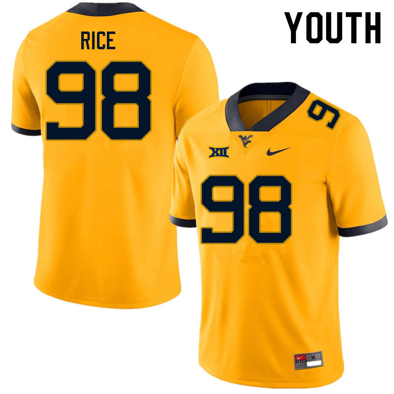 Youth #98 Cam Rice West Virginia Mountaineers College Football Jerseys Sale-Gold - Click Image to Close